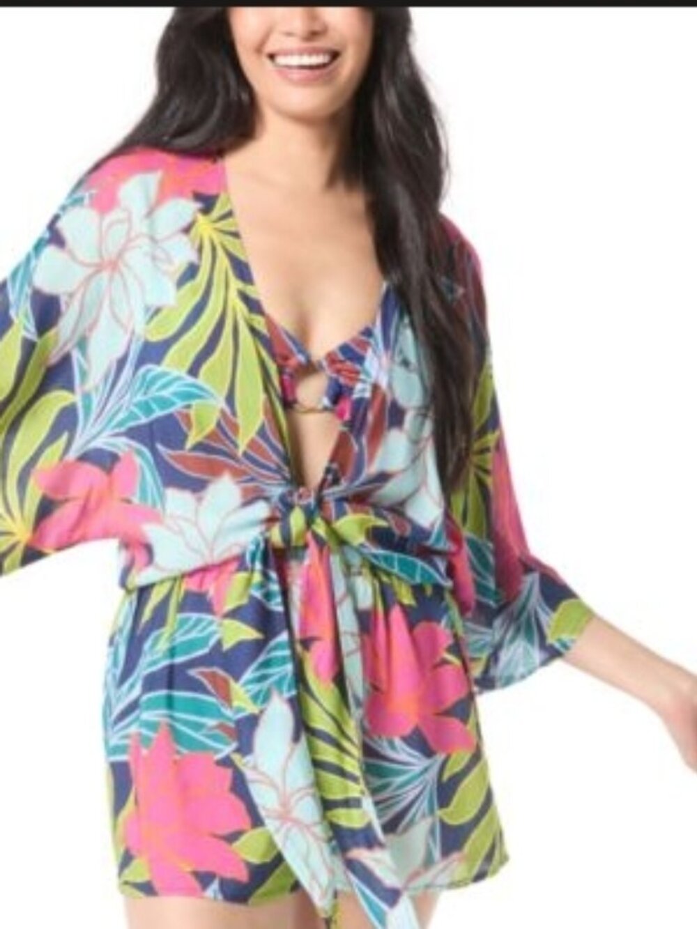 NWT! Vince Camuto Multi Color Tropical Tie Front Swimsuit Cover Up Romper NEW!